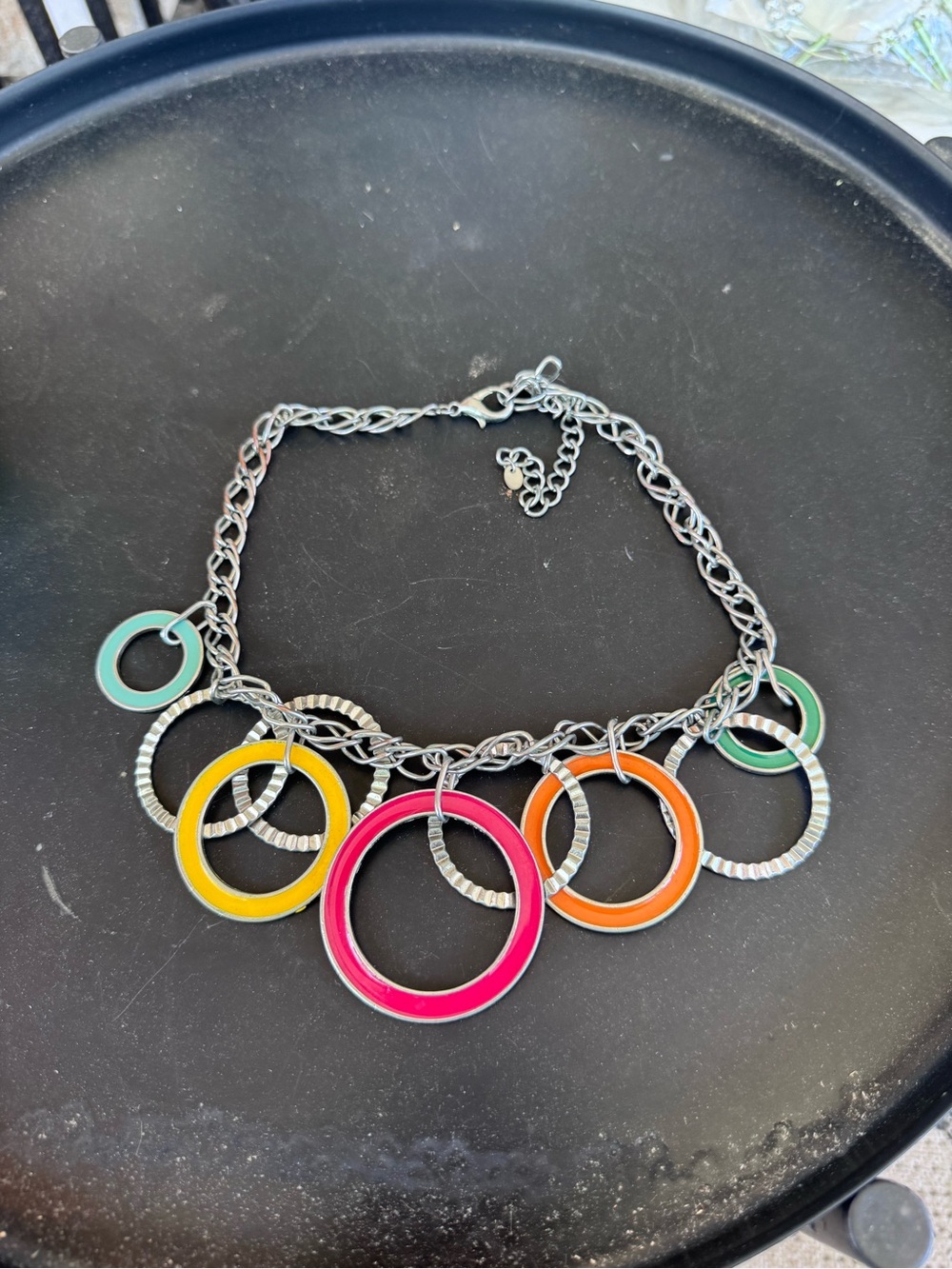 Colorful Multi-Ring Silver Charm Necklace - Pink, Yellow, Orange, Green